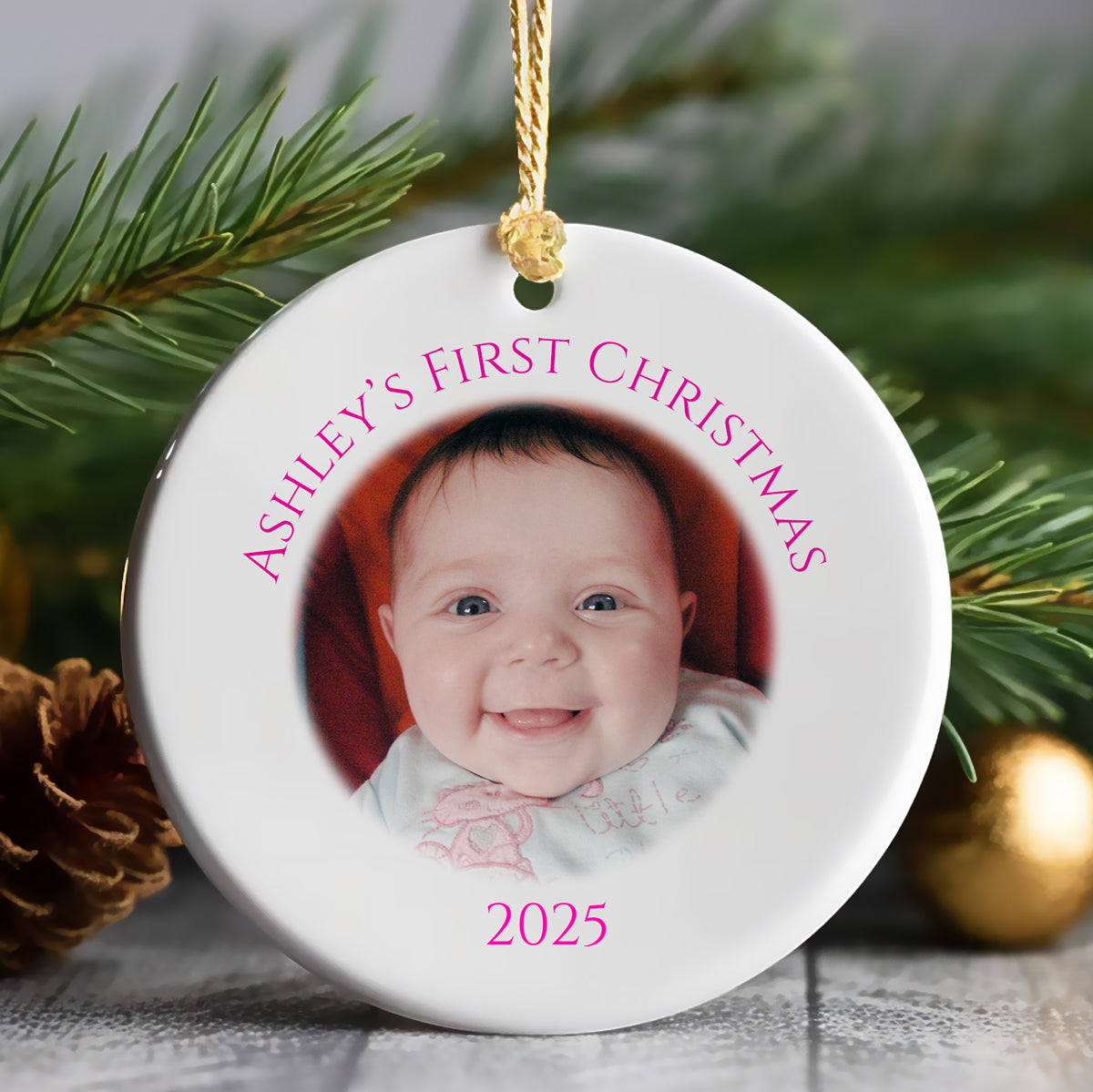 Personalised Baby's First Christmas Bauble - Flat Ornament - Photo Bauble