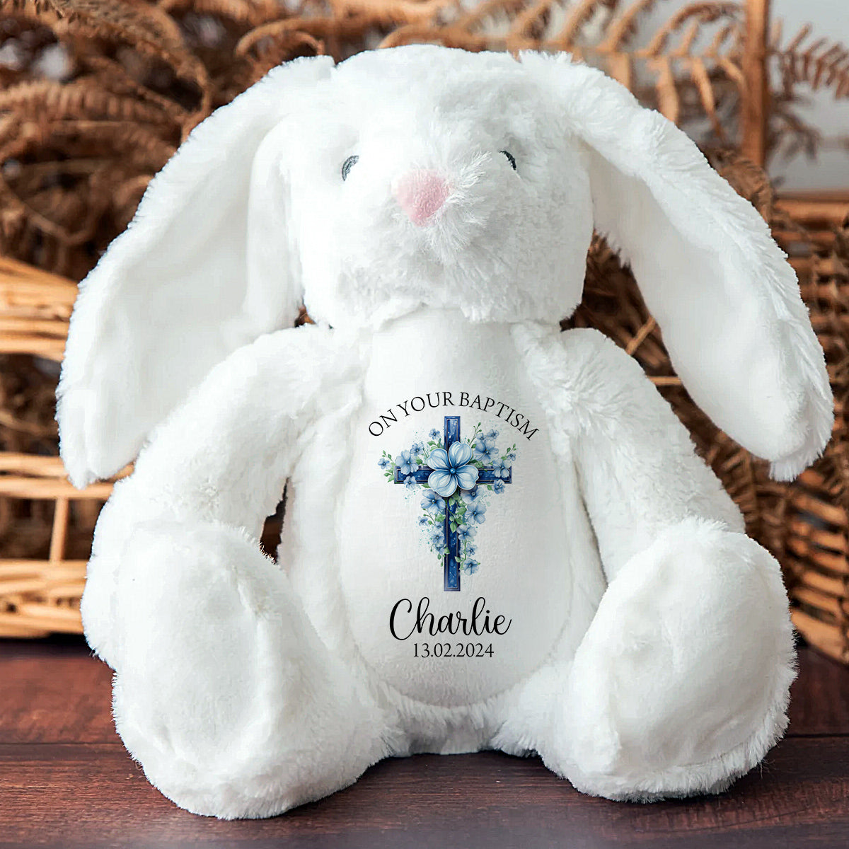 Personalised Christening Bunny - Floral Cross