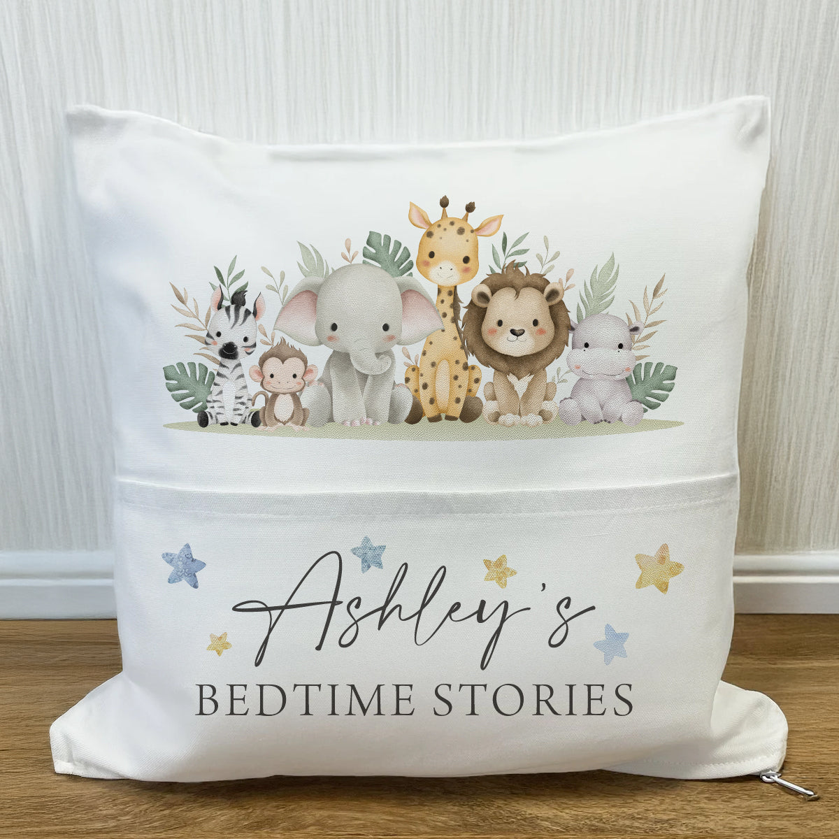Personalised Bedtime Stories Cushion – Story Book Cushion with Pocket – Jungle Animals