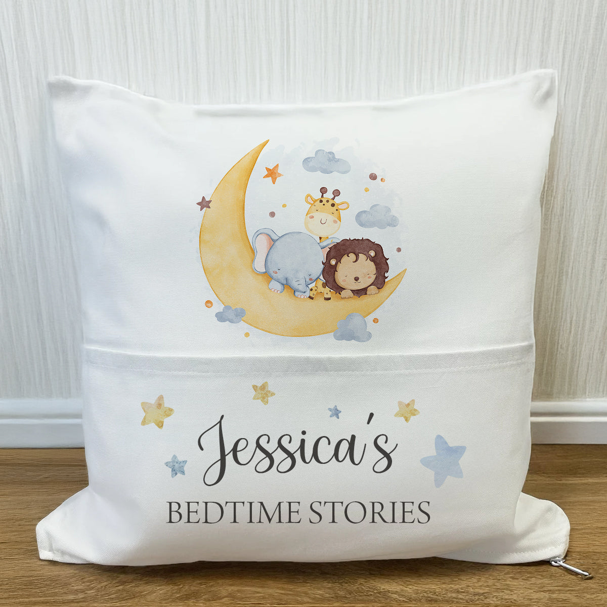 Personalised Bedtime Stories Cushion – Story Book Cushion with Pocket – Moon Animals
