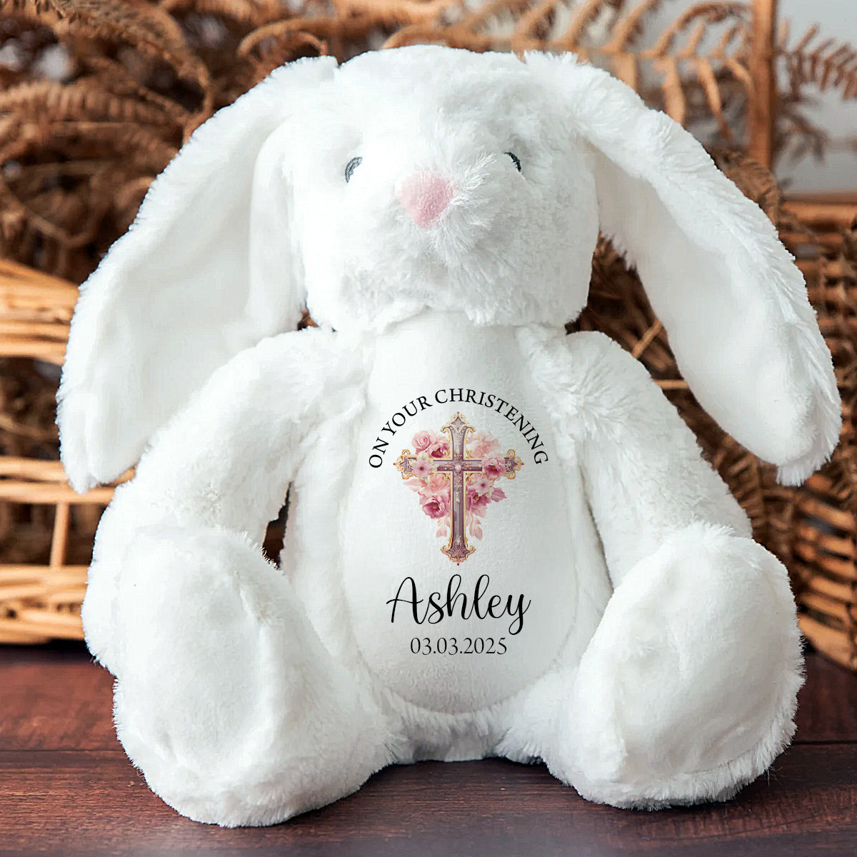 Personalised Christening Bunny - Floral Cross
