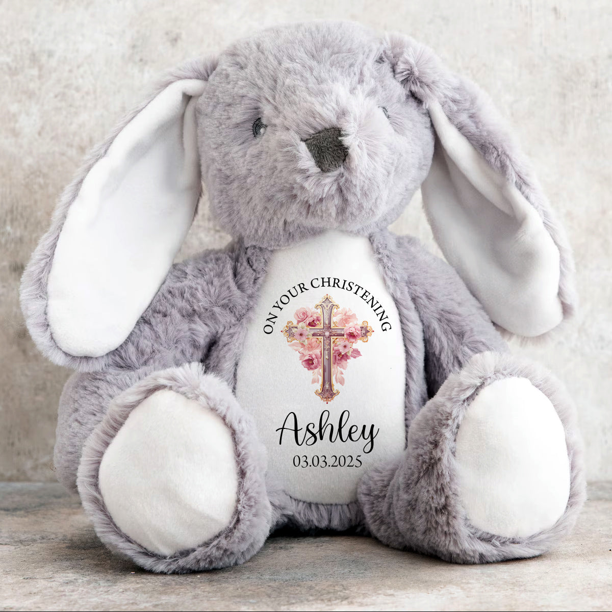 Personalised Christening Bunny - Floral Cross