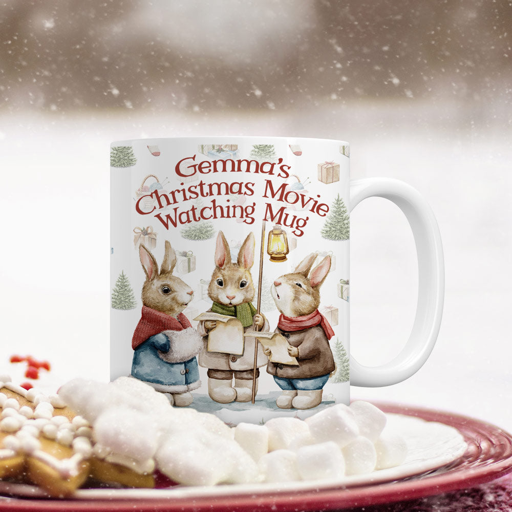 Personalised Christmas Mug – Cute Rabbits - Movie Watching Mug