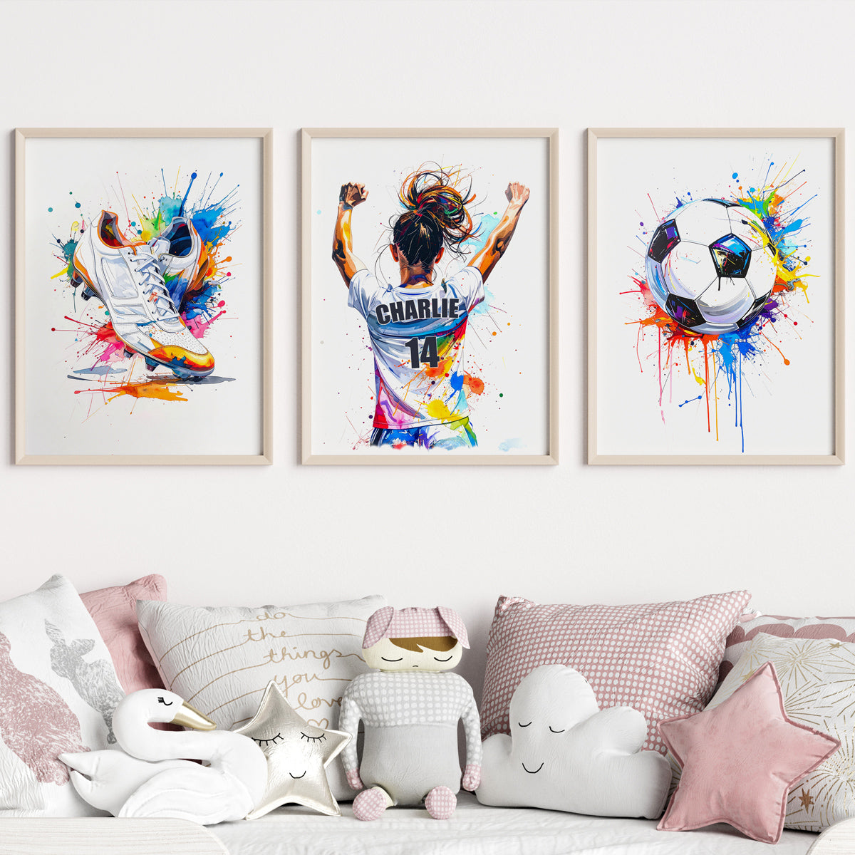 Personalised Football Prints - Paint Style Soccer Wall Art - Girls Bedroom Decor