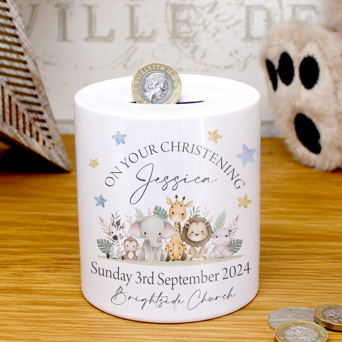 Personalised Christening Money box - Jungle Animals