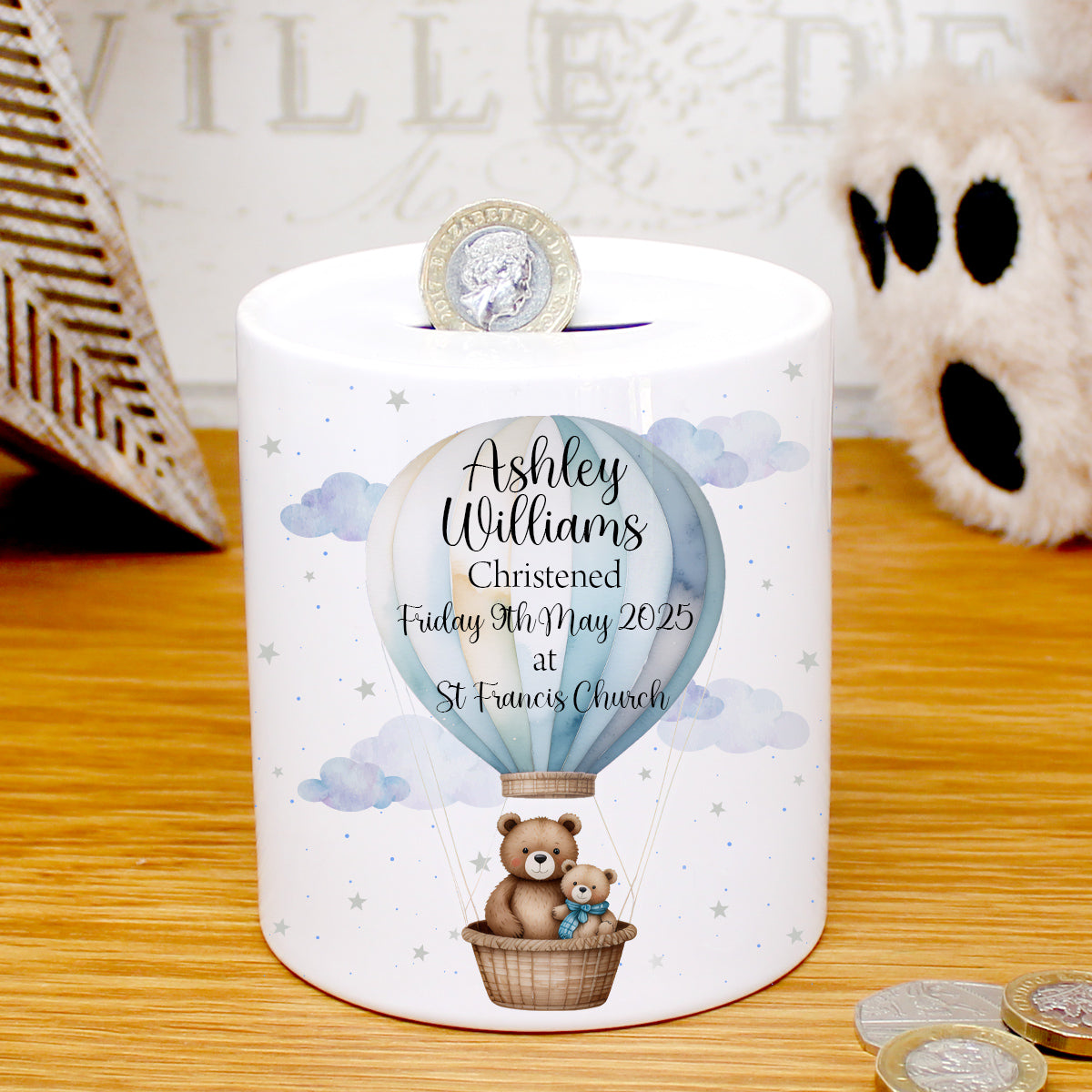 Personalised Christening Money box - Balloon Bears