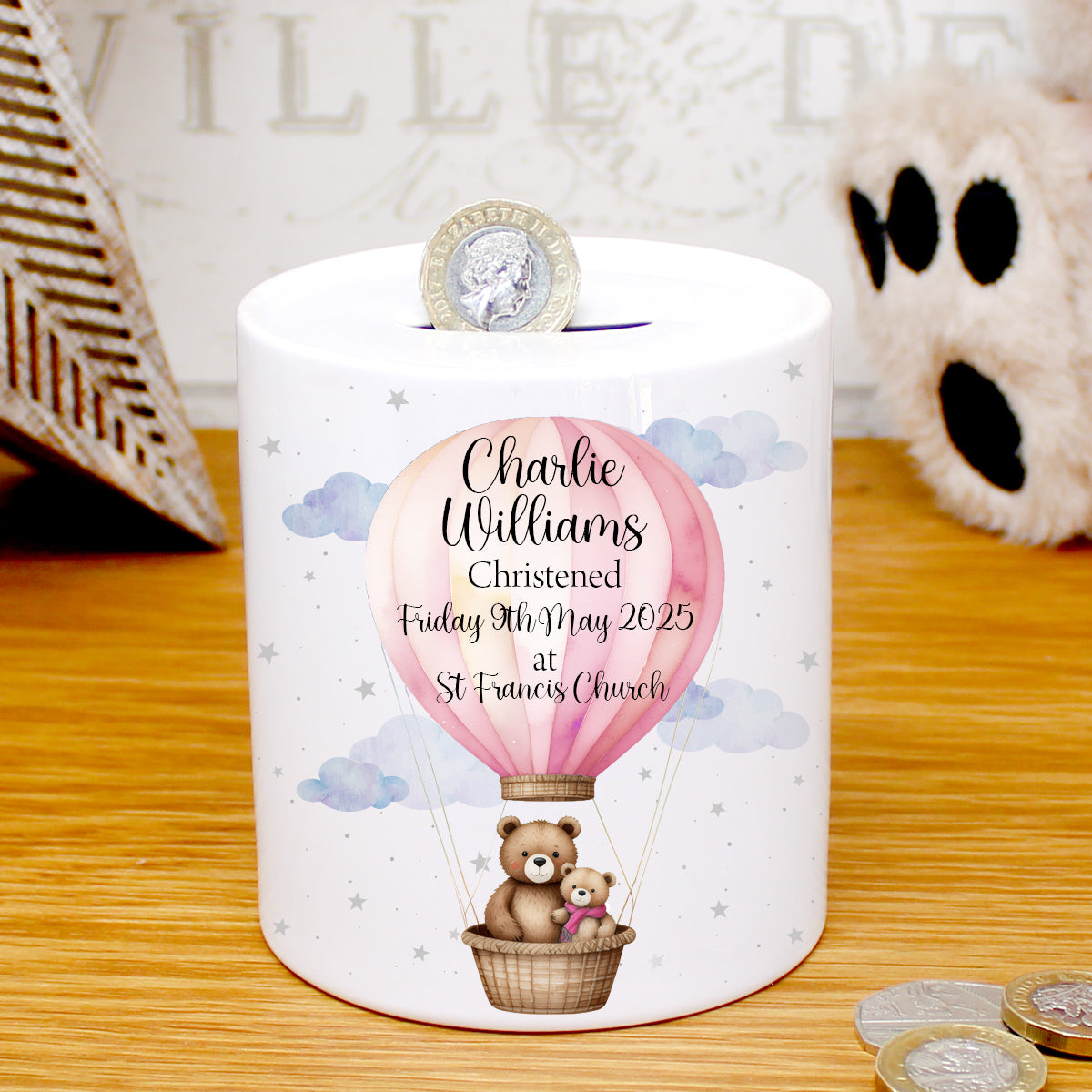 Personalised Christening Money box - Balloon Bears