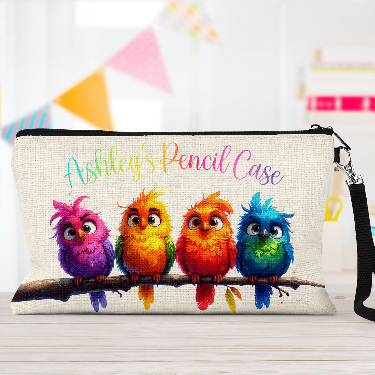 Personalised Pencil Case with Cute Colourful Birds