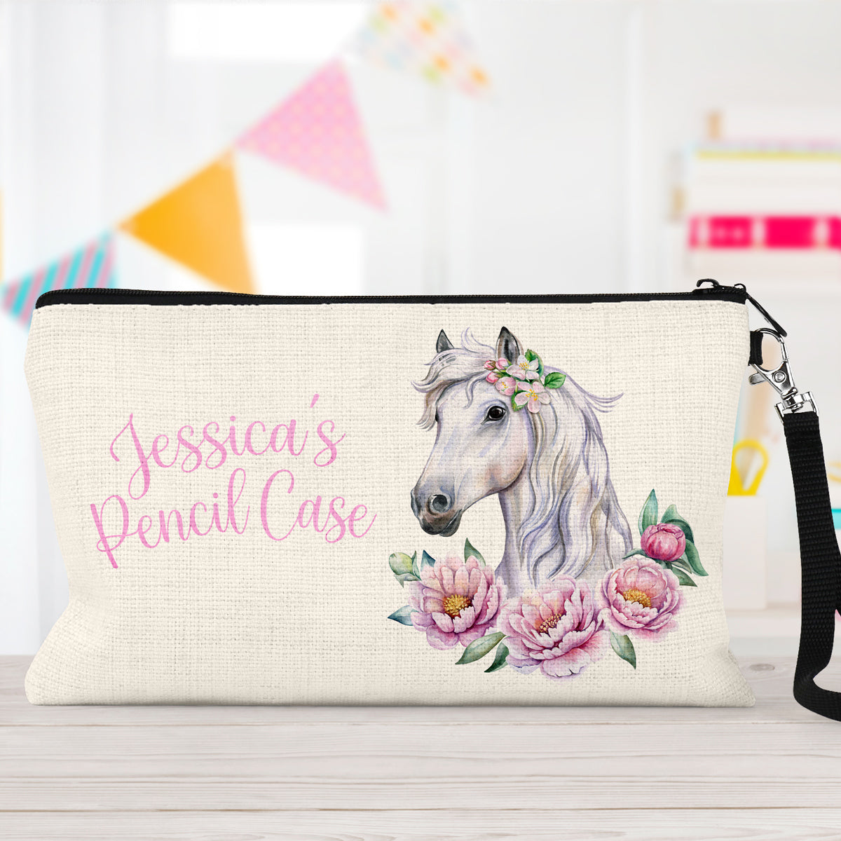 Personalised Pencil Case with White Horse – Horse Gifts