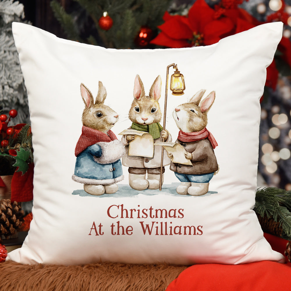 Personalised Christmas Cushion - Carol Singing Rabbits