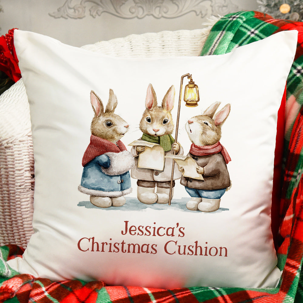Personalised Christmas Cushion - Carol Singing Rabbits