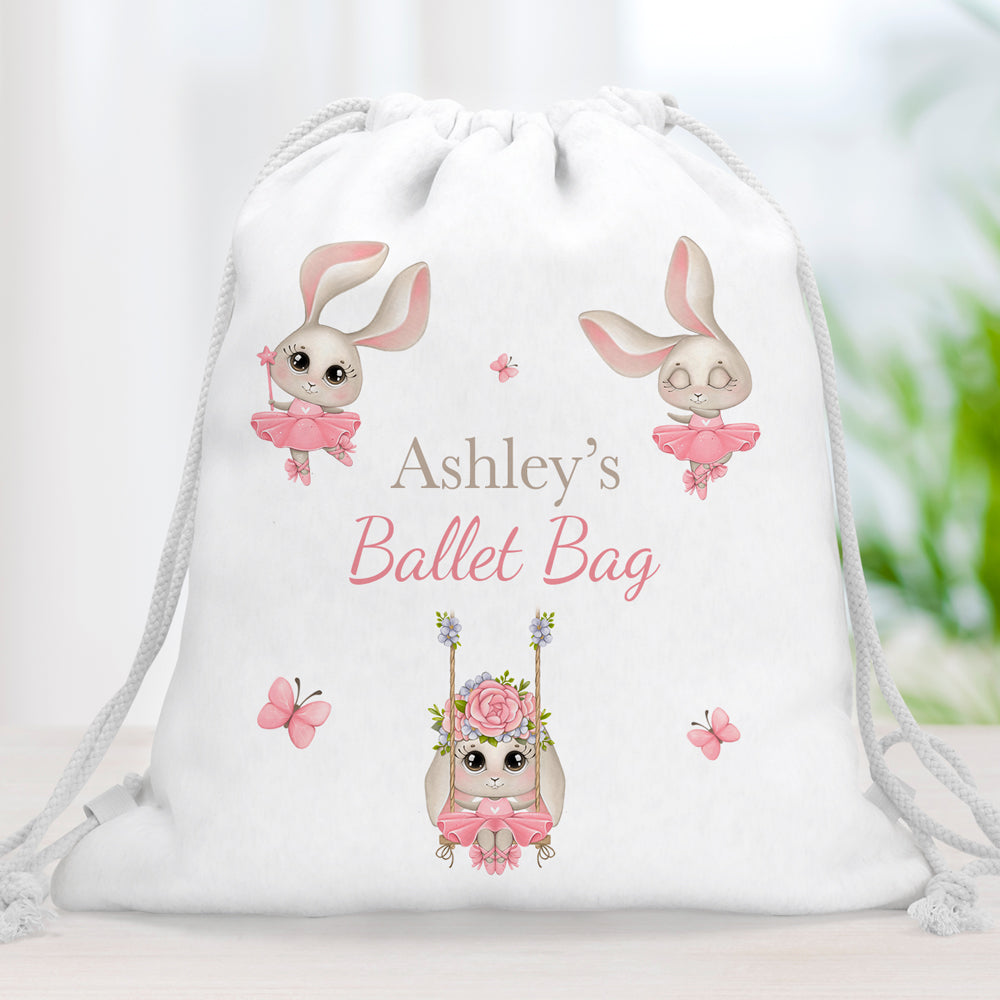 Personalised Drawstring Bag - Ballet Bunny Rabbits - Kids Gym Bag