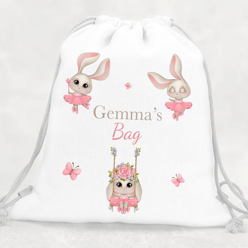 Personalised Drawstring Bag - Ballet Bunny Rabbits - Kids Gym Bag